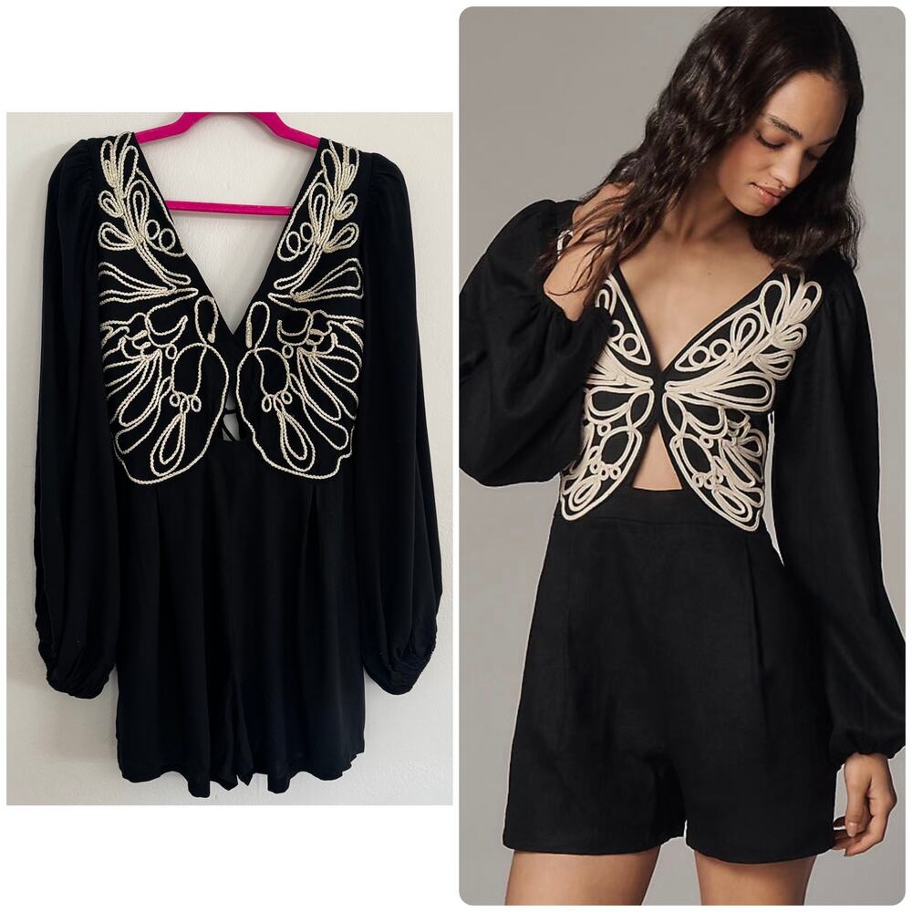 Farm Rio x Anthropologie Embroidered Long-Sleeve Romper
